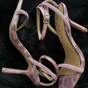 Jessica Simpson Pink Snakeskin Rhinestone Heels strappy sandals 6.5 37 blingy
